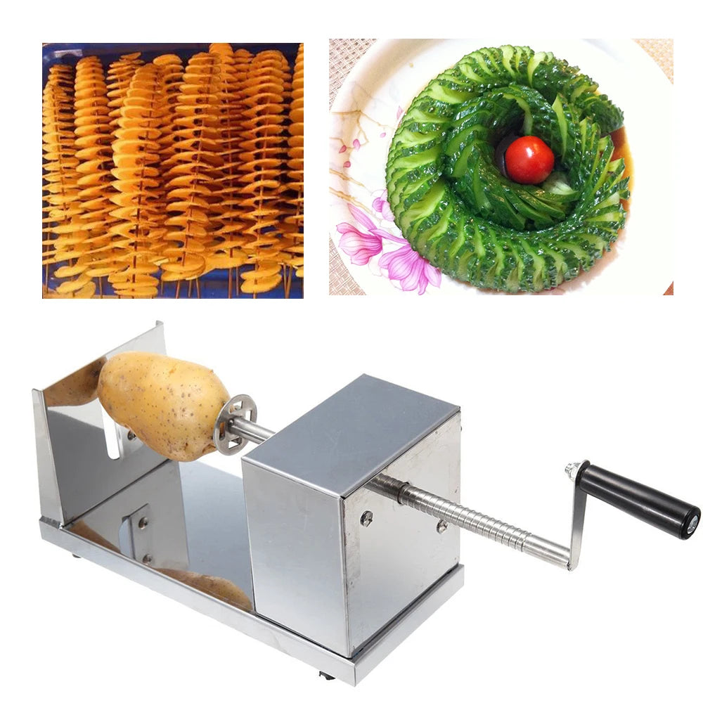 Stainless steel spiral potato cutter with hand crank for making potato chips and fruit spirals.