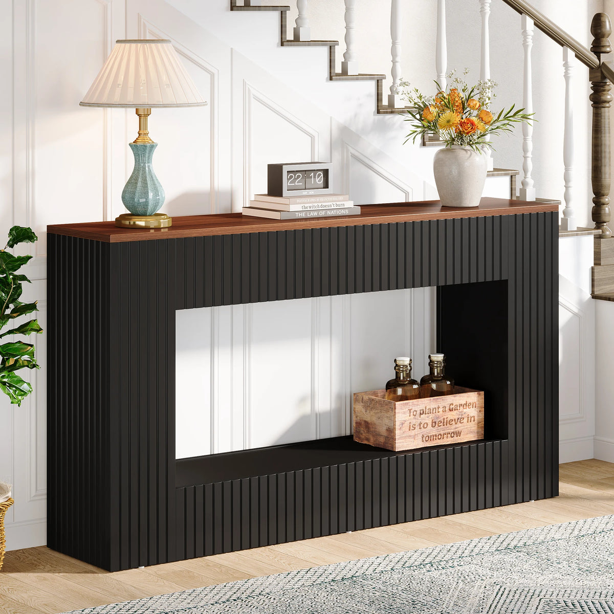 Tribesigns 55-inch wooden console table with storage; black ribbed front, warm wood top, topped with lamp and vase