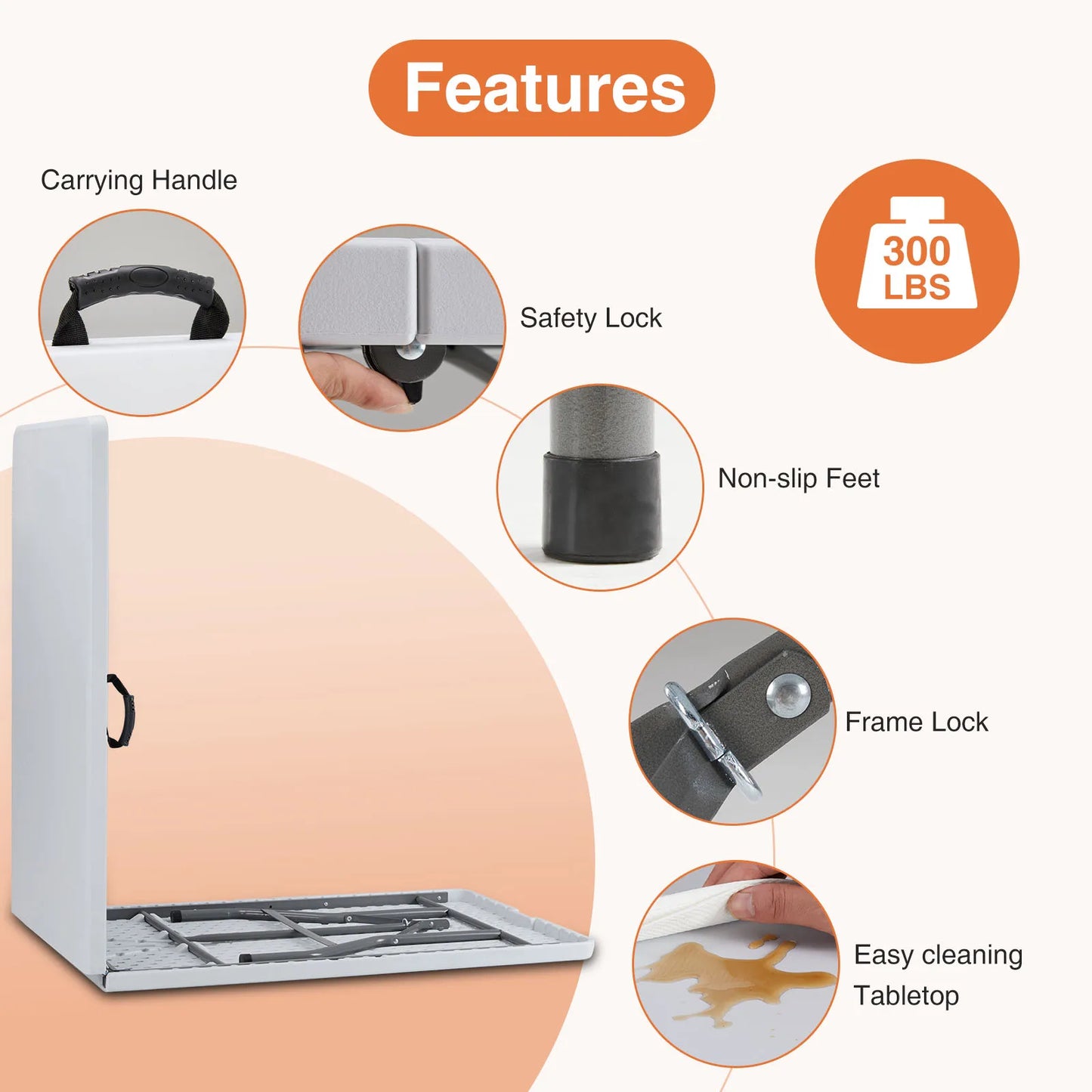 JHK Plastic Portable Folding Table With Carrying Handle Safety Lock
