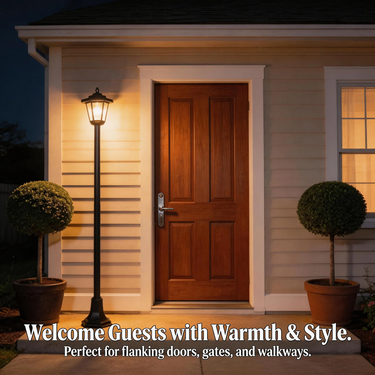 Black outdoor solar post light on a front porch, casting warm glow beside a wooden door.