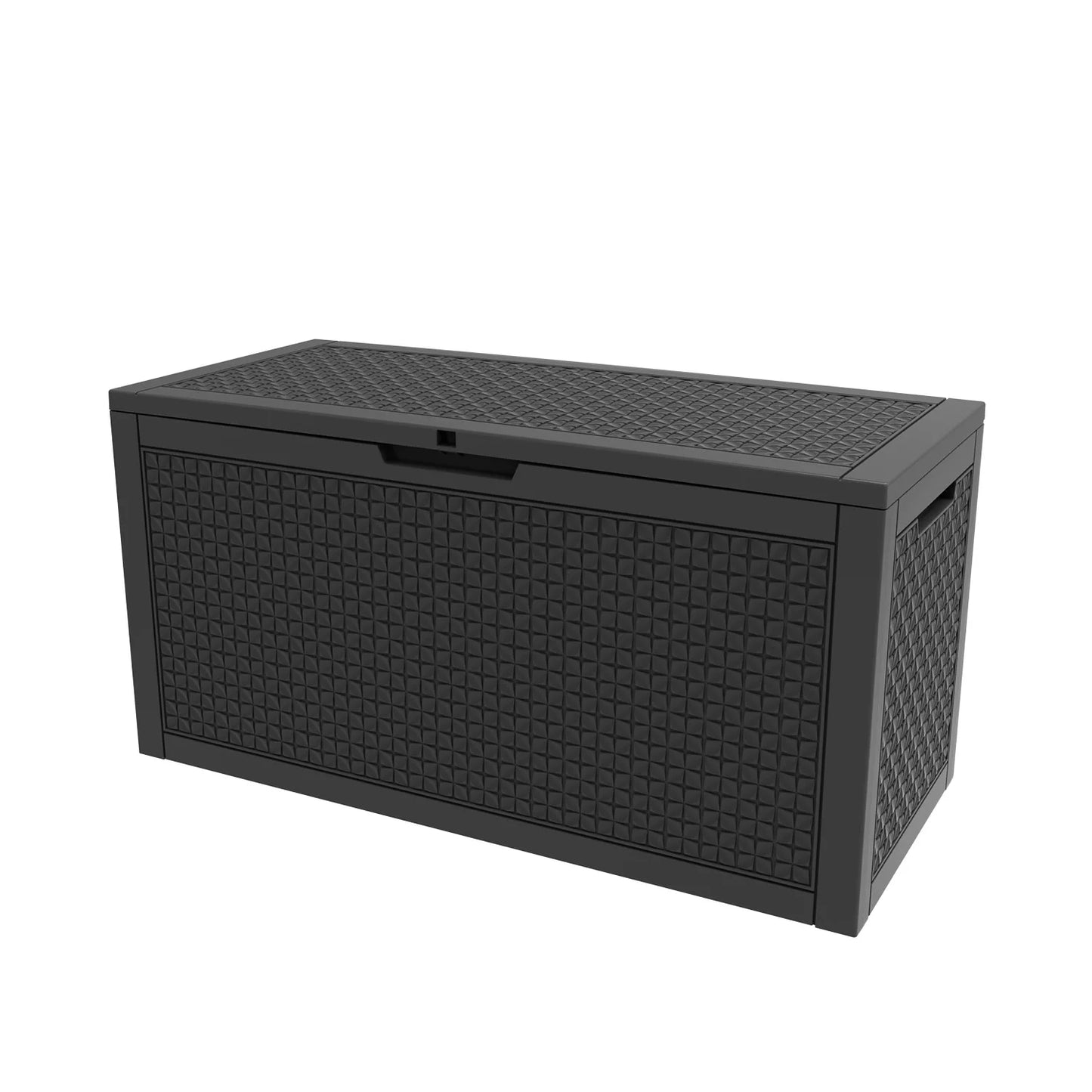 100 gallon resin deck box, outdoor lockable storage in dark gray with textured grid panels