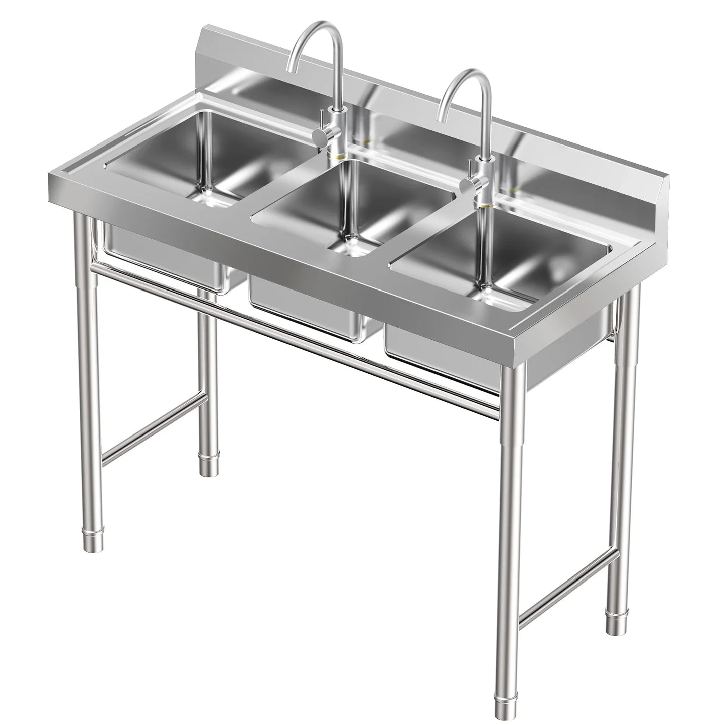 3 Compartment Stainless Steel Sink with 2 Faucets Freestanding Commercial Utility Sink Triple Bowl for Restaurant Garage Laundry