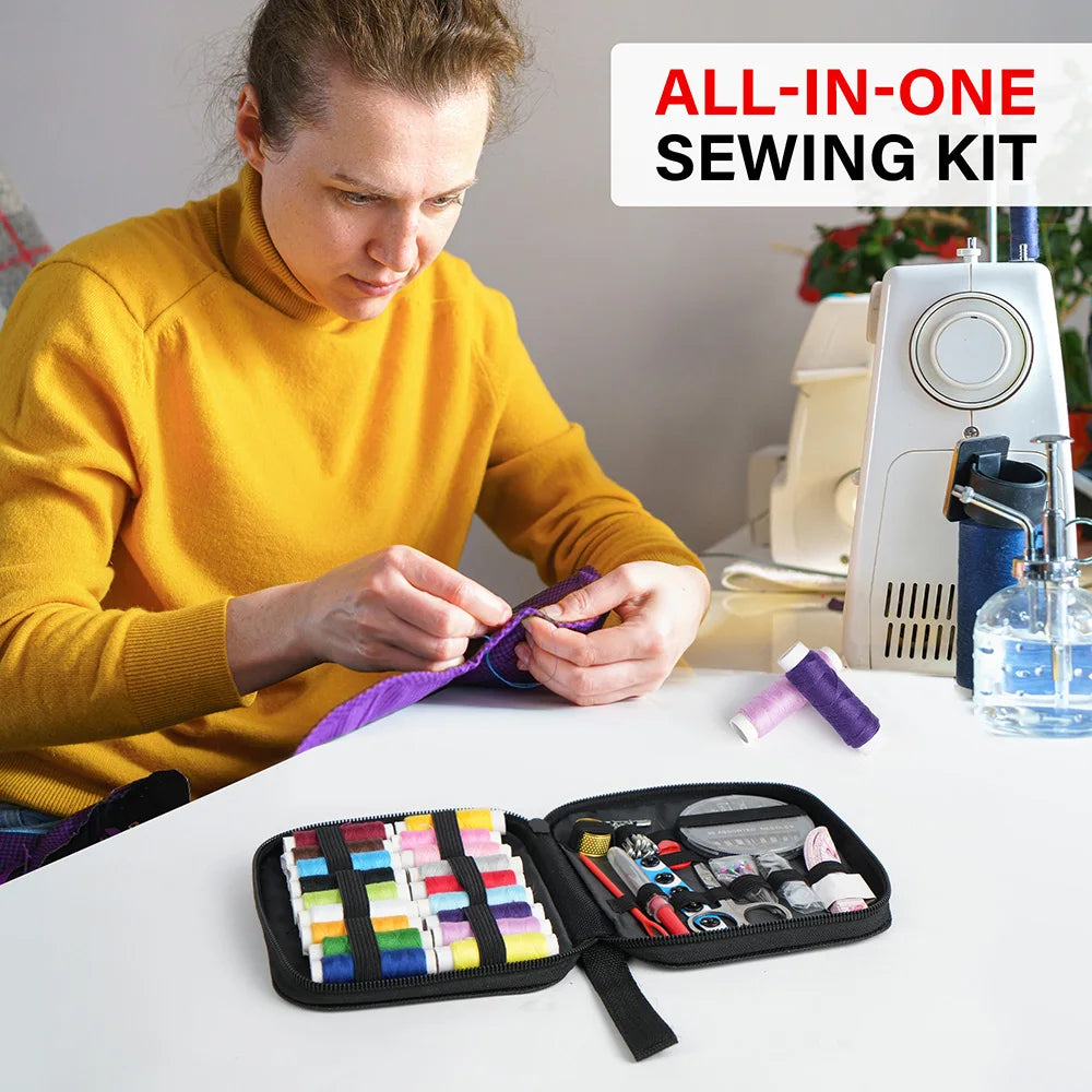 Sewing kit: mixed-color canvas, portable mini case opened with thread spools and sewing tools