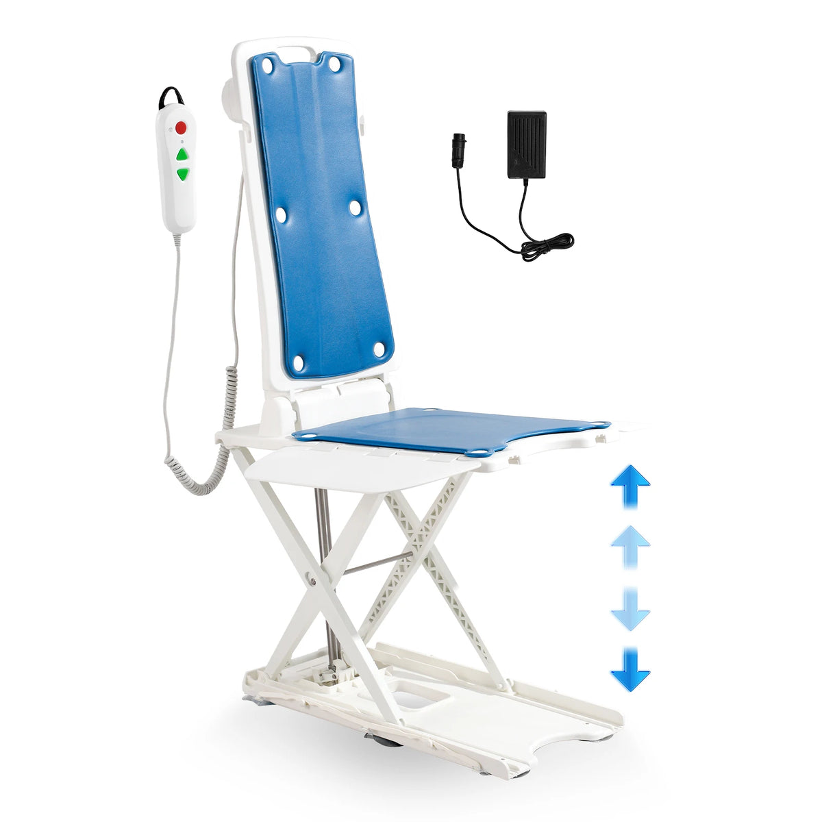 SucceBuy electric chair lift with blue padded backrest and white frame; handheld remote, supports up to 310 lbs