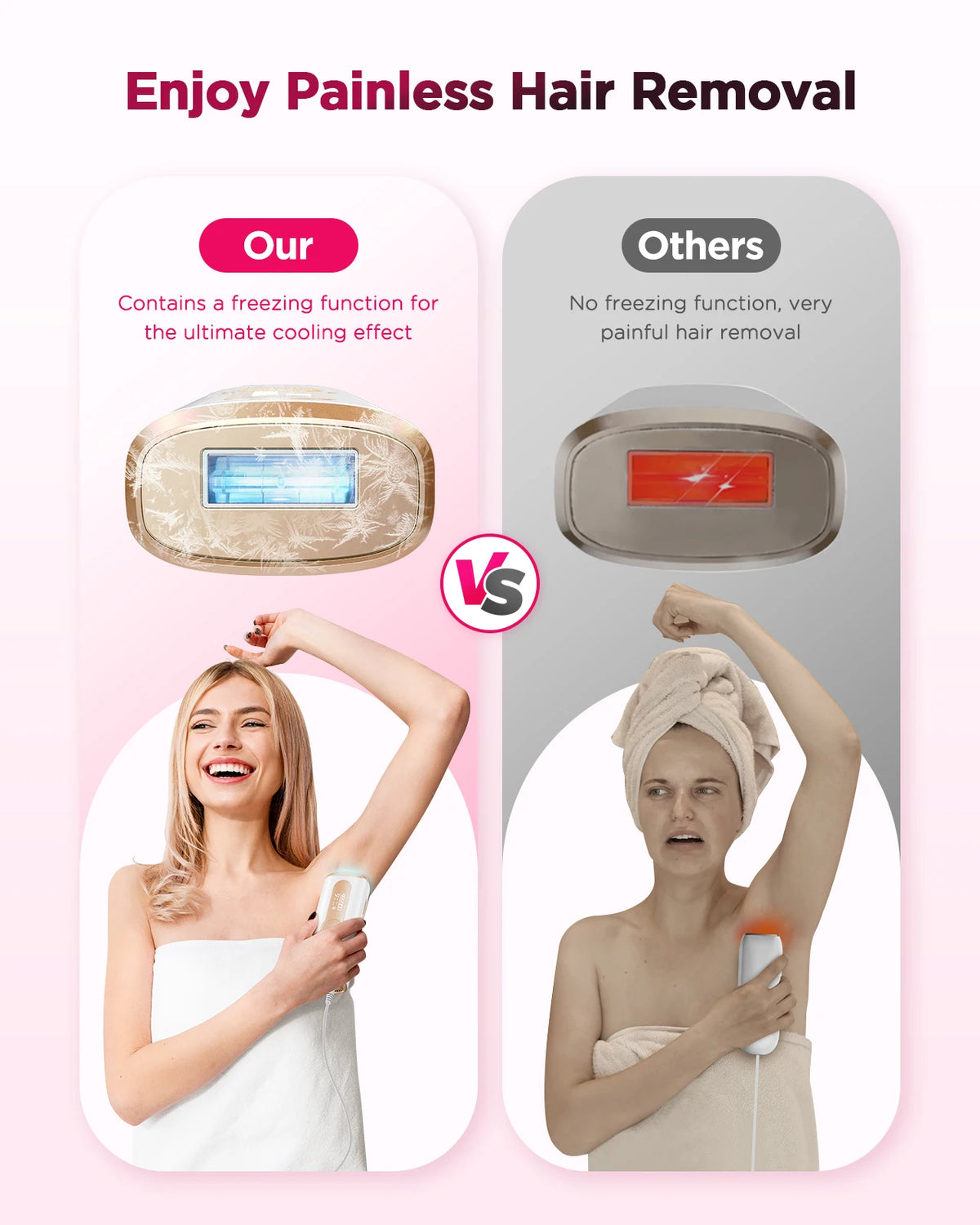 990000 Flash Laser IPL Hair Remover by S And B Enterprise; two-panel pink Our vs gray Others promo panels