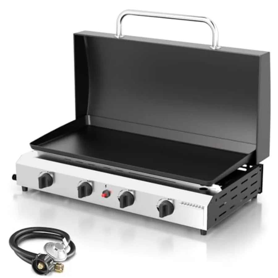 Portable Gas Griddle With Lid, 4-Burner Tabletop Grill