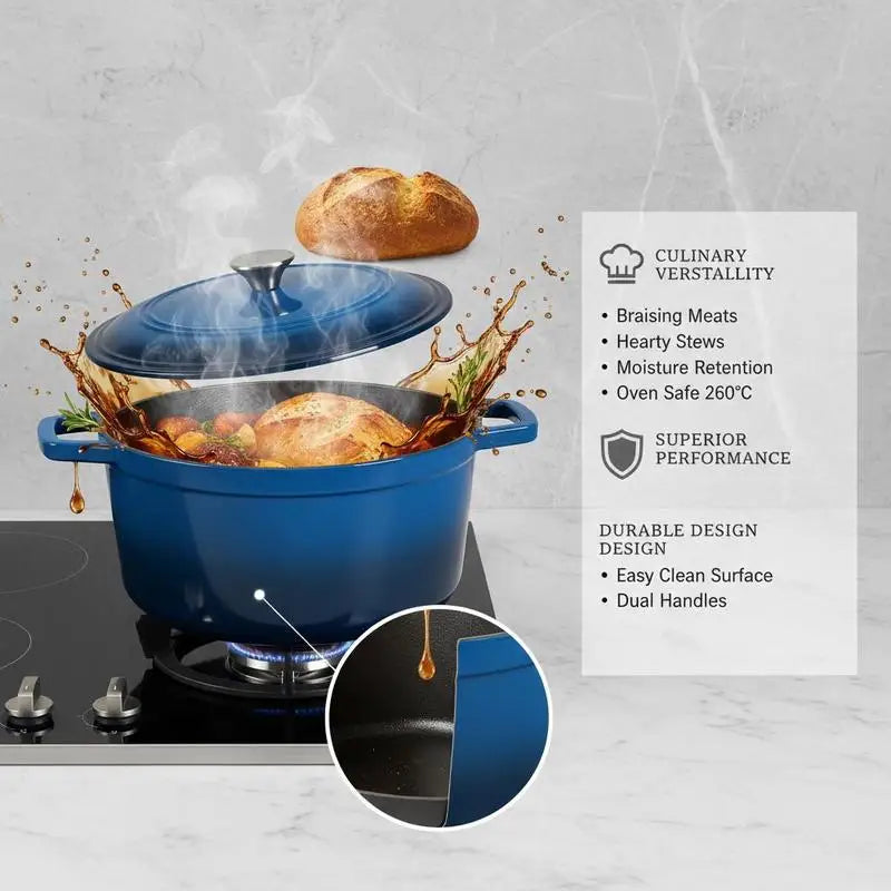 Enameled Cast Iron Dutch Oven, 6 Quart Pot with Lid and Dual Handles, Heavy-Duty Durable Cookware Pan, Oven Induction Compatible up to 500℉, for Braising, Stews, Roasting, Bread Baking, Blue by S And B Enterprise