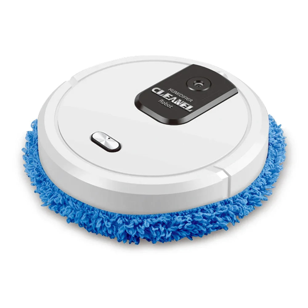 Robot vacuum mop head attachment; round white body with blue microfiber pad for wet and dry cleaning