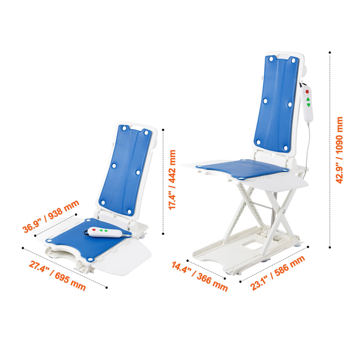Electric chair lift with blue padded back and seat on white frame; remote control with green arrows