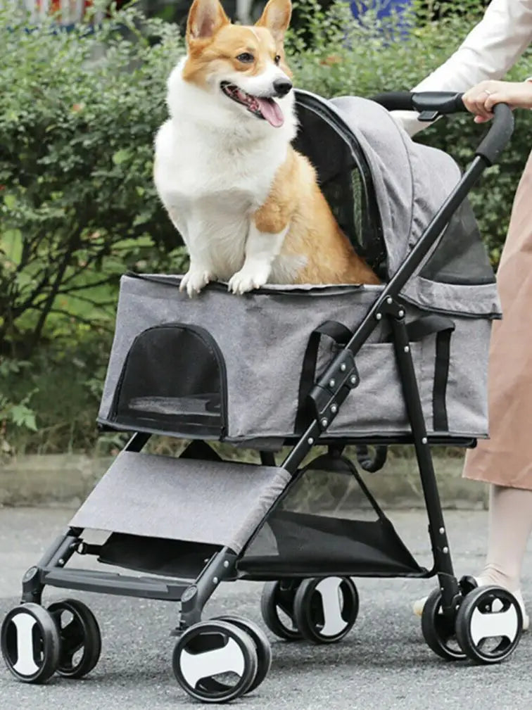 Dog carrier pram by S And B Enterprise, gray fabric four-wheel stroller with mesh windows, 30kg capacity