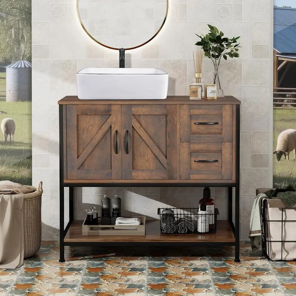 36-inch rustic wood bathroom vanity by S And B Enterprise with white vessel sink