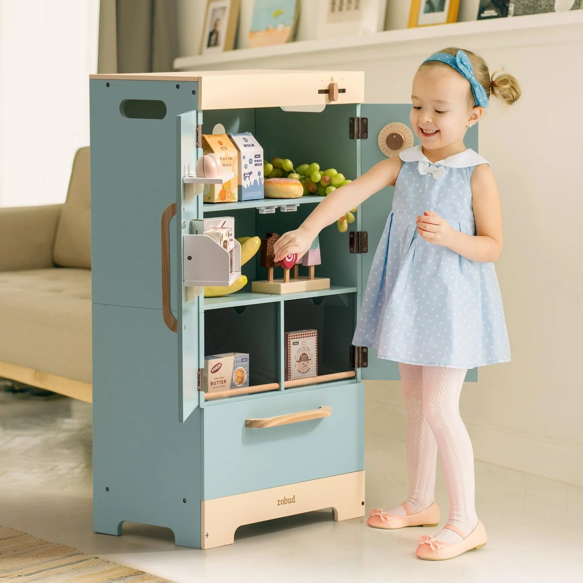Robotime Robud Play Kitchen Fridge Refrigerator with Ice Dispenser Wooden Kids Play Kitchen Playset Toy for Ages 3+Blue by S And B Enterprise