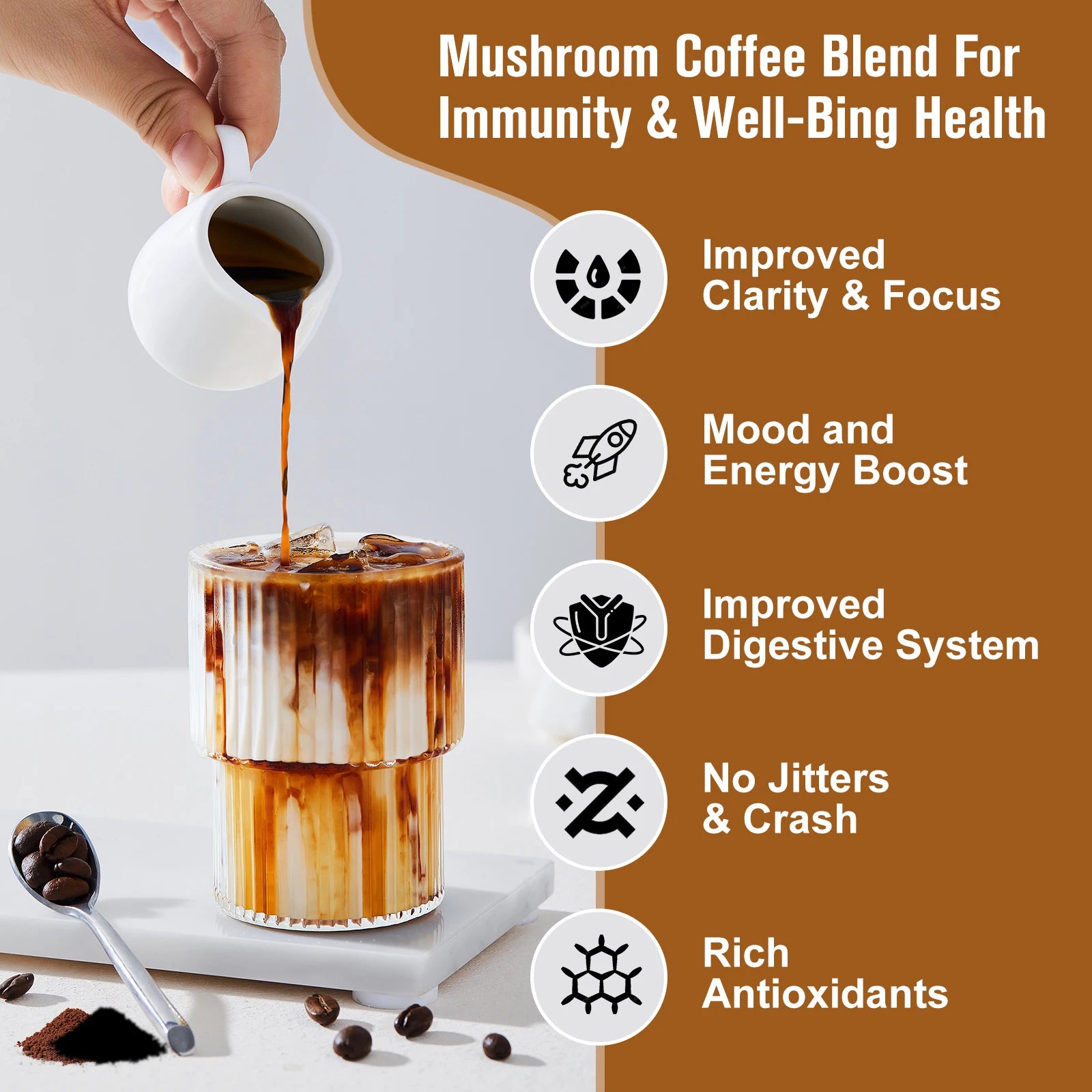 Organic Lion’s Mane Mushroom Coffee with Reishi & Cordyceps; iced coffee being poured into a glass
