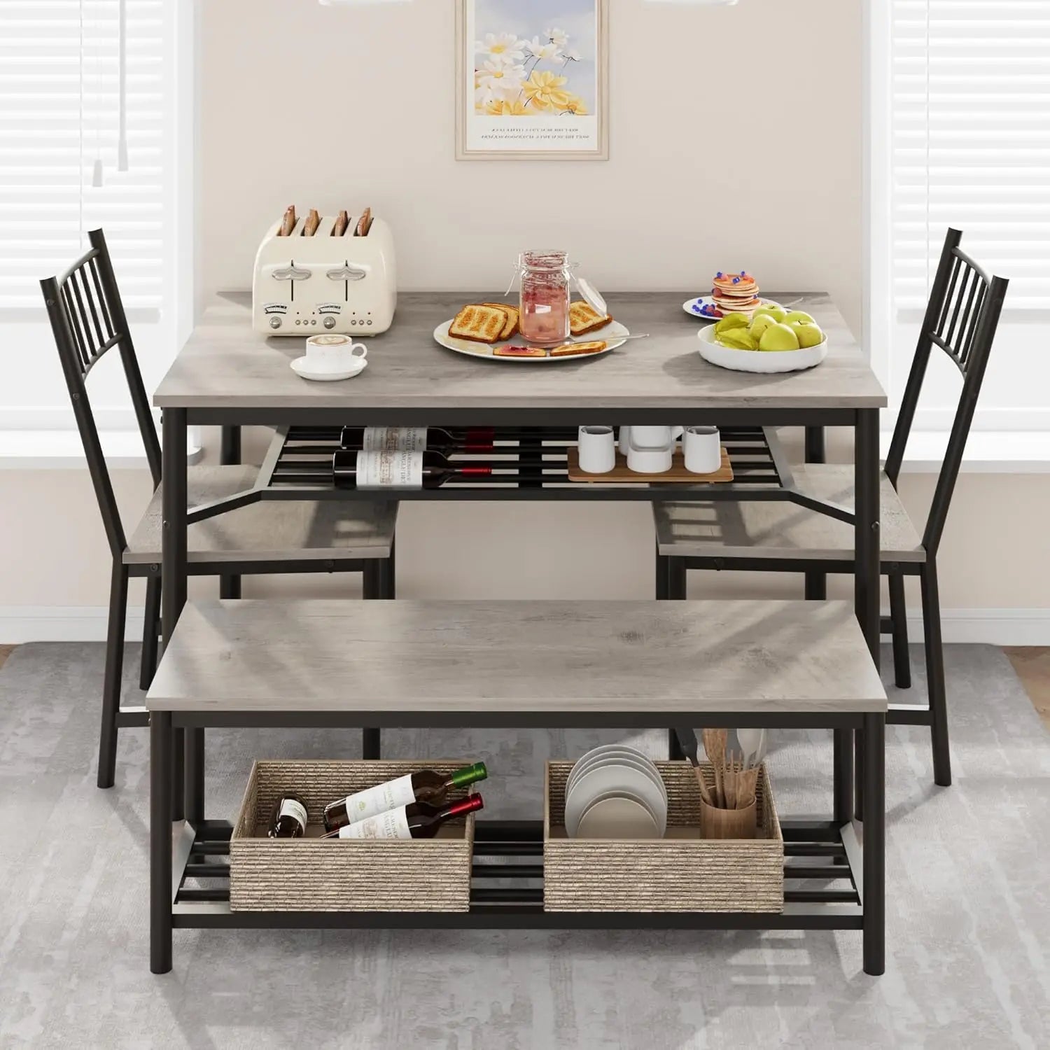 Dining Table Set For 4 With Bench And 2 Chairs 2-Tier Storage Shelf Space-Saving Kitchen Table For Breakfast Nooks Small Apartments by S And B Enterprise