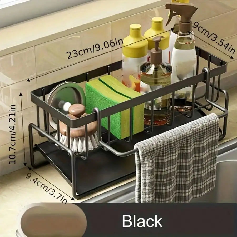 Kitchen sponge shelf by S And B Enterprise, black stainless-steel drain rack with towel bar and soap holder