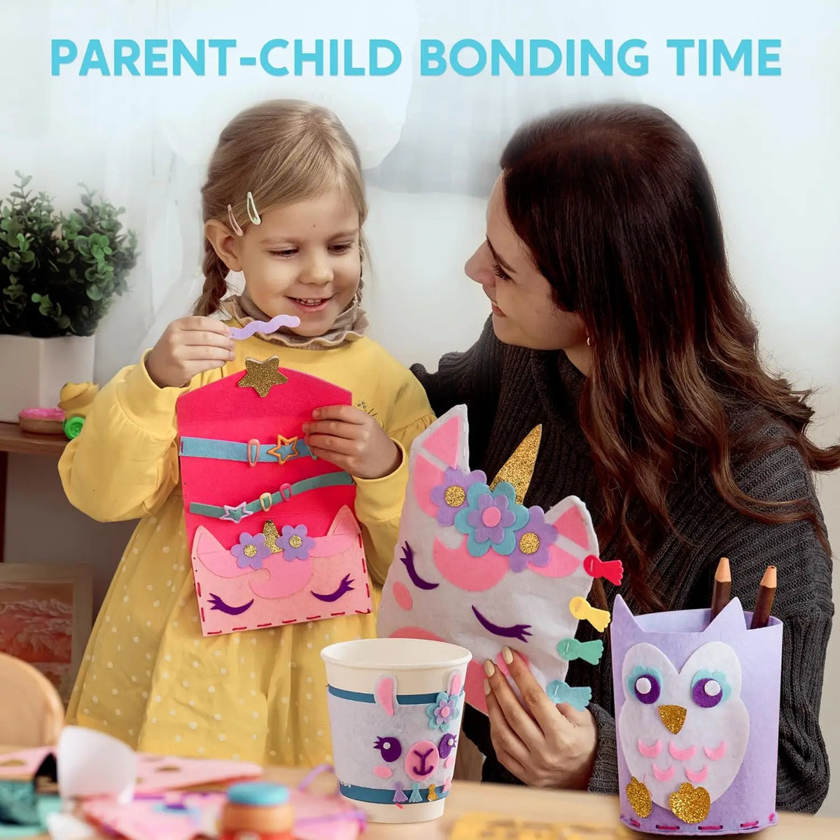 JOYFY kids sewing projects kit with unicorn and mermaid crafts; child and adult display colorful decorated bags