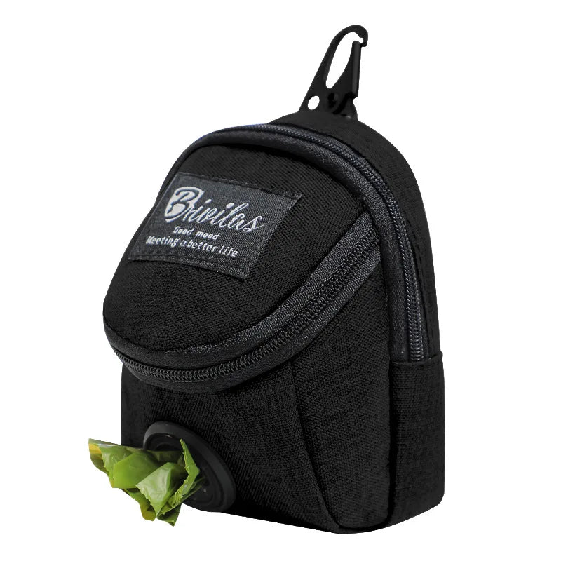 Portable dog treat pouch waist bag with poop bag dispenser in black fabric by S And B Enterprise