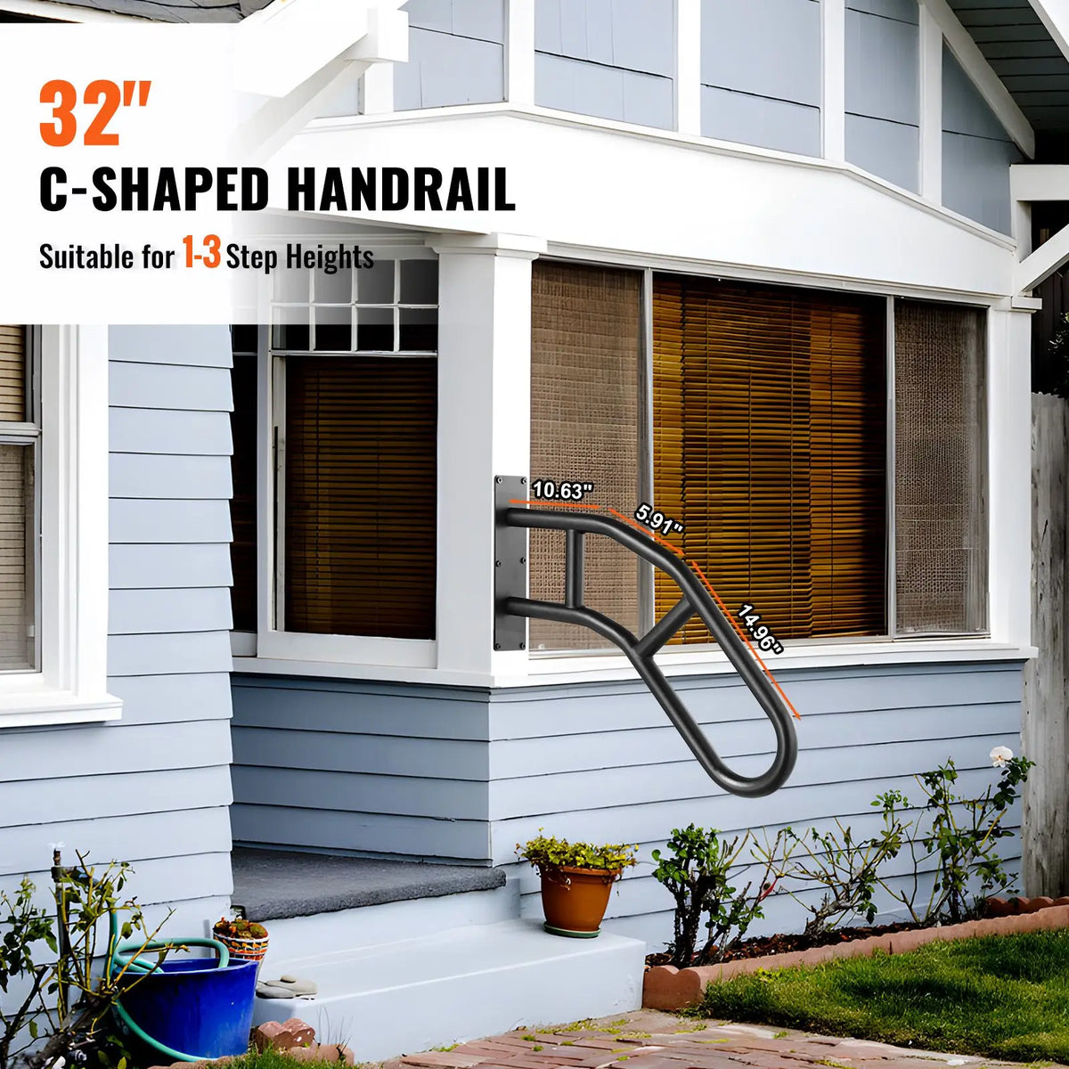 32-inch matte black U-shaped outdoor handrail, wall-mounted safety railing for 1–3 steps.