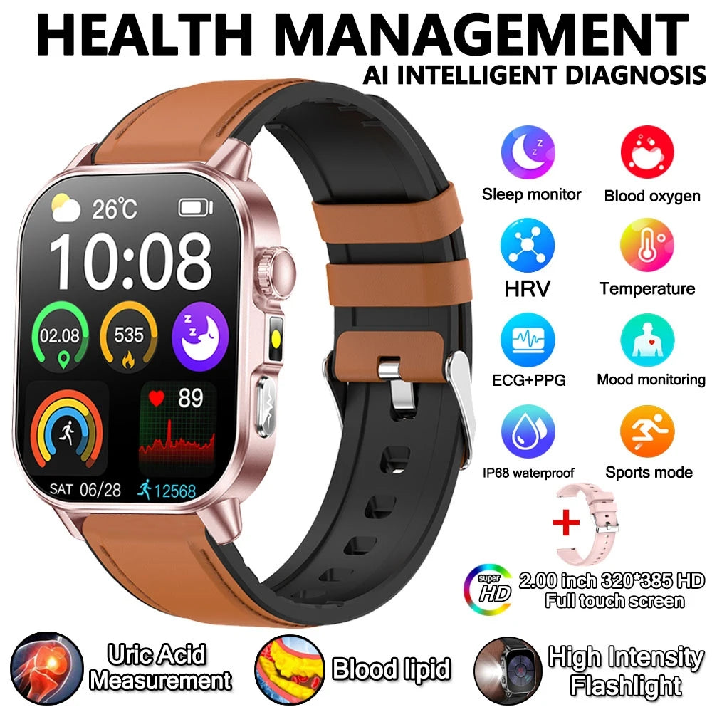 Uric Acid Lipid Health Smartwatch With ECG PPG Bluetooth Call