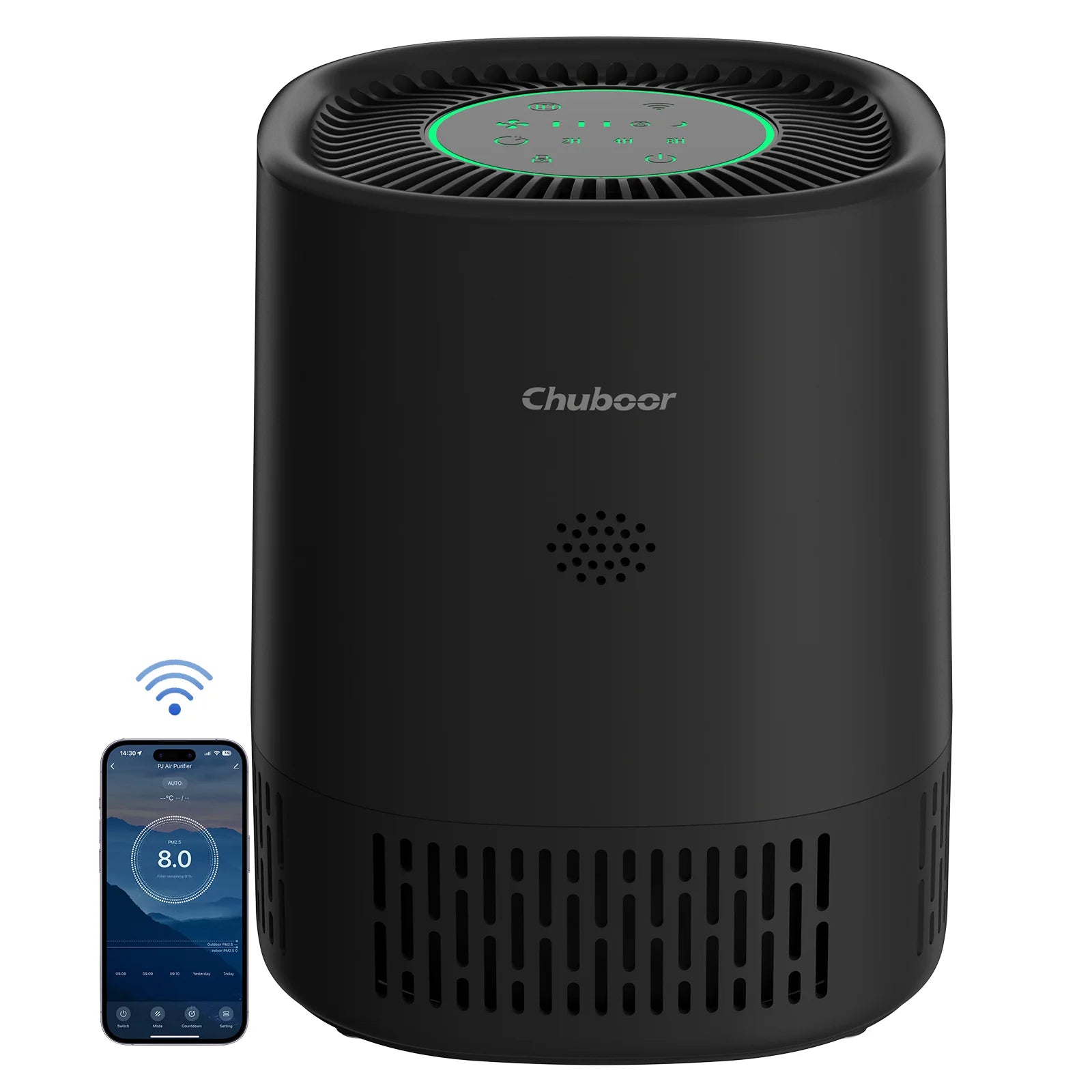 Chuboor air purifier by S And B Enterprise; black cylindrical purifier with H13 HEPA filtration, green LED ring, app control