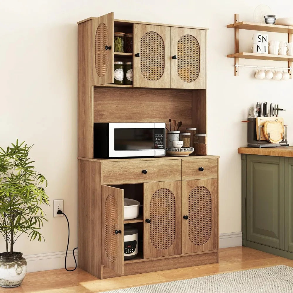 Kitchen Hutch, 71" Tall Boho Pantry Cabinet w/Charging Station, Microwave Countertop, 6 PE Rattan Door, 2 Drawer, Customized by S And B Enterprise