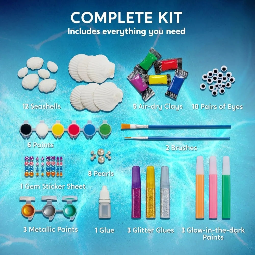 JOYFY 12PCS Kids Sea Shell Painting Kit by S And B; 12 seashells, 6 paints, brushes, eyes, clays, pearls, glow paints.