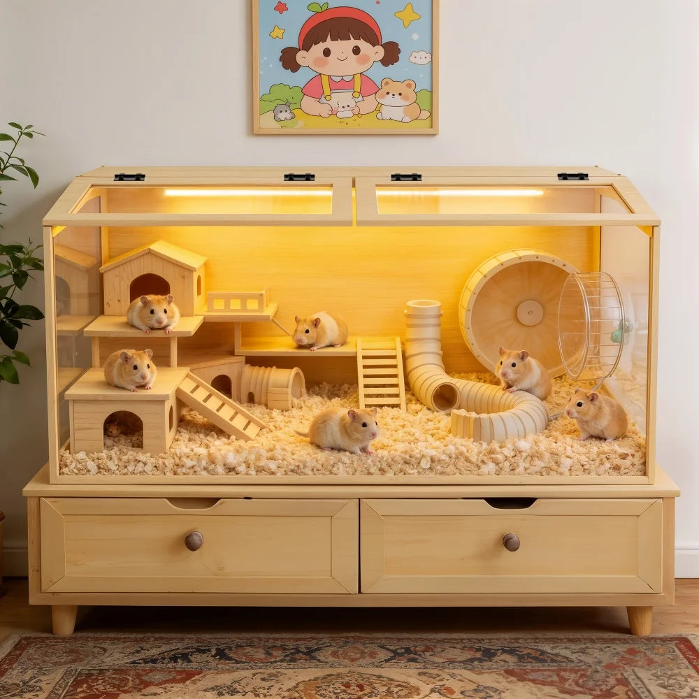 Wooden Hamster Cage With Glass And Built In LED Roof by S And B Enterprise