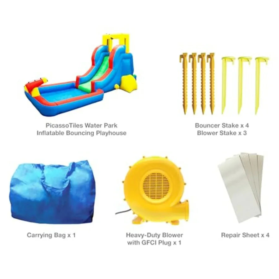 Inflatable Slide Park With Pool Splash Zone And Climbing Wall