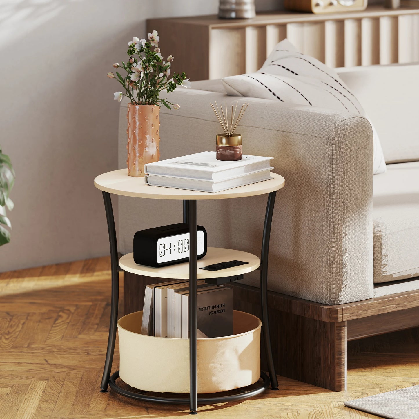 HOMCOM Round Side Table With Charging Station And Fabric Storage