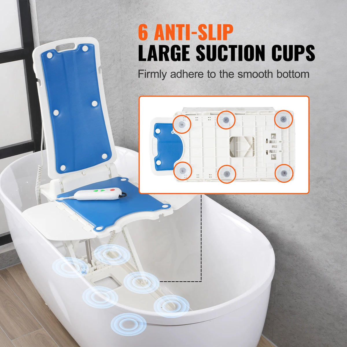 Electric chair lift device with white frame and blue padded seat, six anti-slip suction cups.