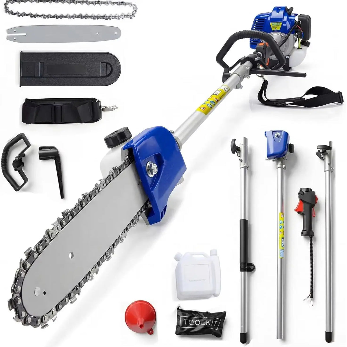 Gas powered pole saw kit by S And B Enterprise with 12in bar, blue engine, shoulder strap, and extension poles.