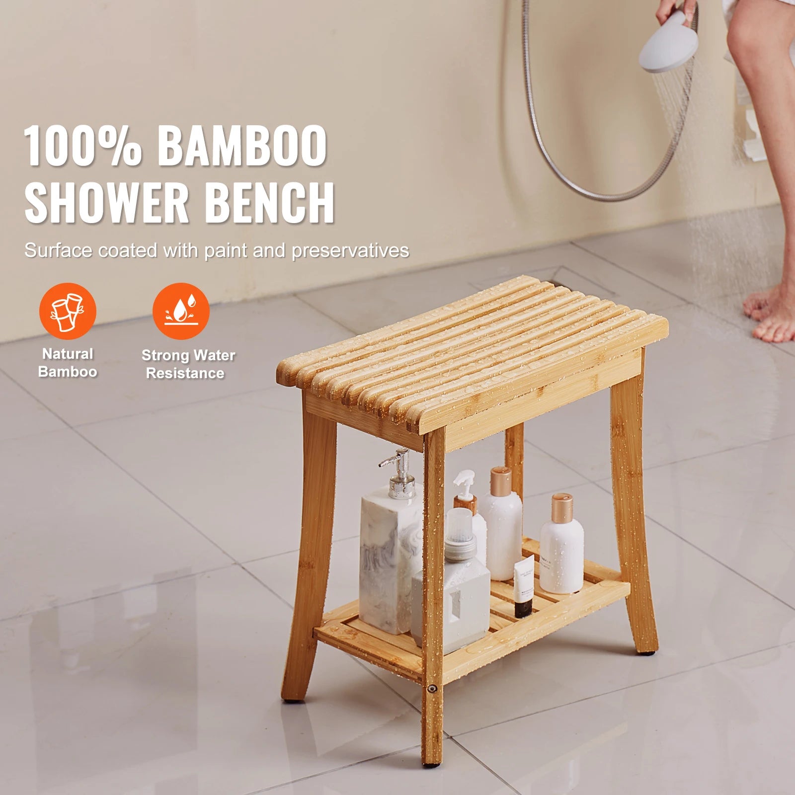 SucceBuy Bamboo Shower Bench 19.1x11.3x18.3 in Waterproof Shower Stool Chair with Storage Shelf 330lbs Load Capacity Spa Seat by S And B Enterprise