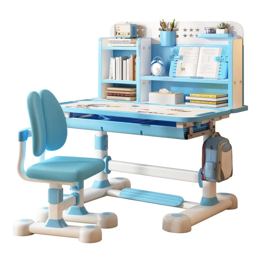 2-piece kids study desk and chair set, adjustable height with book stand, blue and white by S And B Enterprise