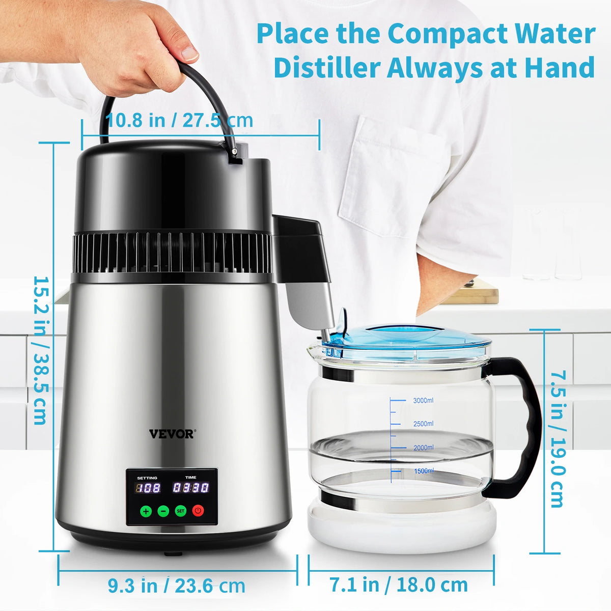 VEVOR 4L stainless steel water distiller with digital touch-screen and glass carafe