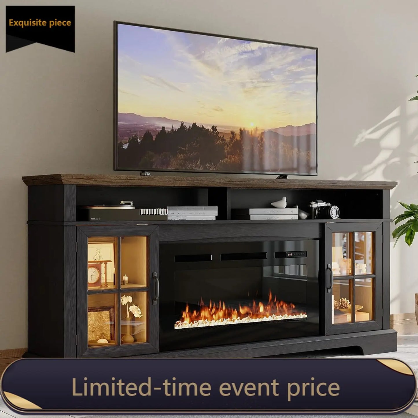 Fireplace TV Stand Farmhouse Entertainment Center With Storage Cabinets