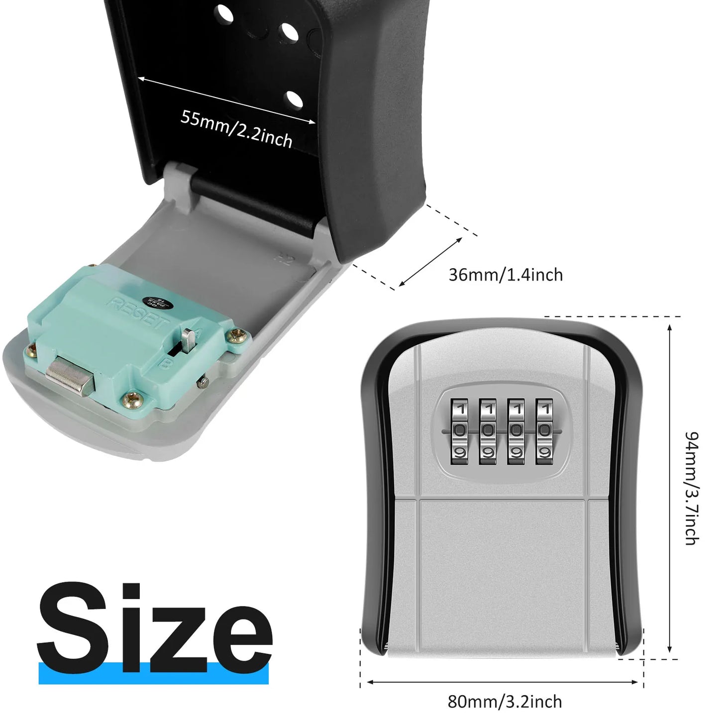 Key lock box wall-mount key safe with a 4-digit combination dial; black exterior and turquoise internal mechanism