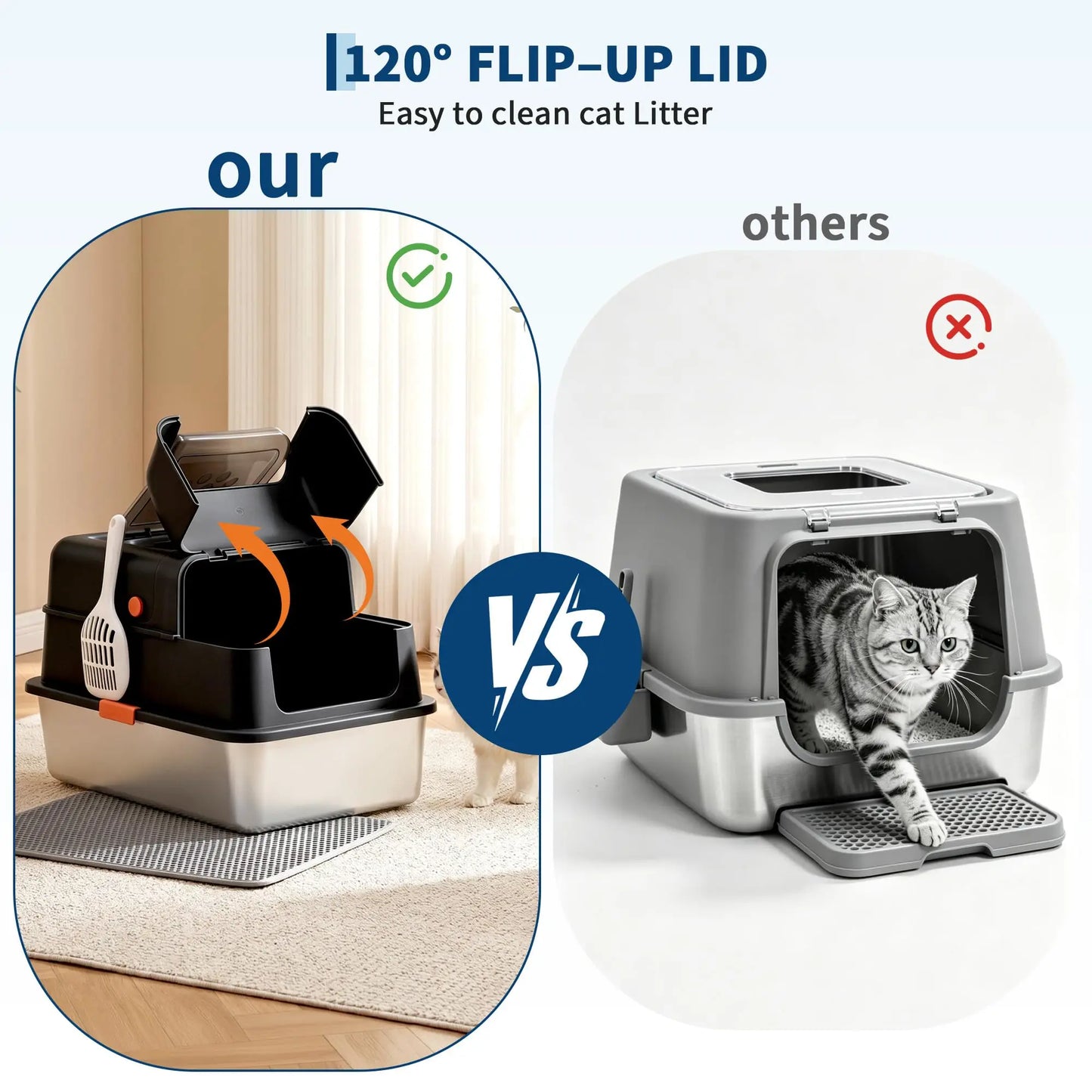 Enclosed Stainless Steel Litter Box With Lid Dog Proof XL Metal Litter Pan High Sided Anti Leak Front Entry Top Exit For Big Cats Includes Scoop For Multi Cat Home by S And B Enterprise