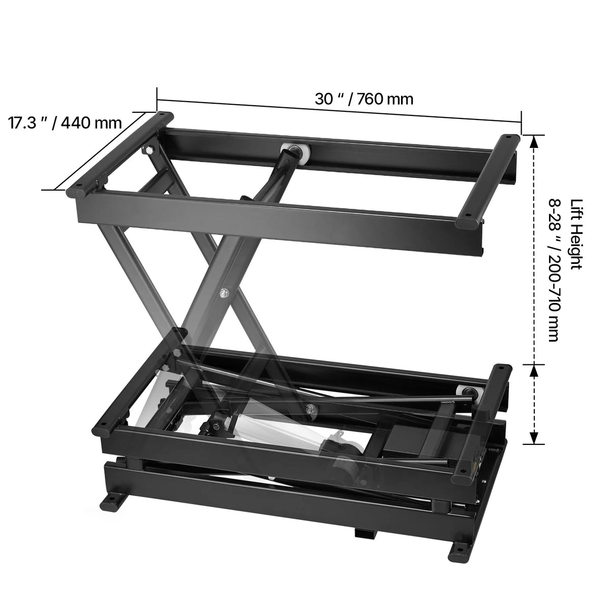 SucceBuy electric lift table, 330lb capacity, black single scissor lift with 8–28 in height, 30 in long platform