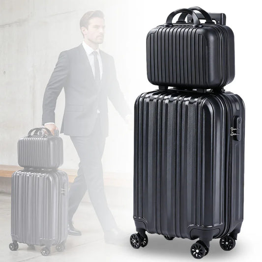 2-piece hardside luggage set in black with 20-inch carry-on and larger case on silent spinner wheels