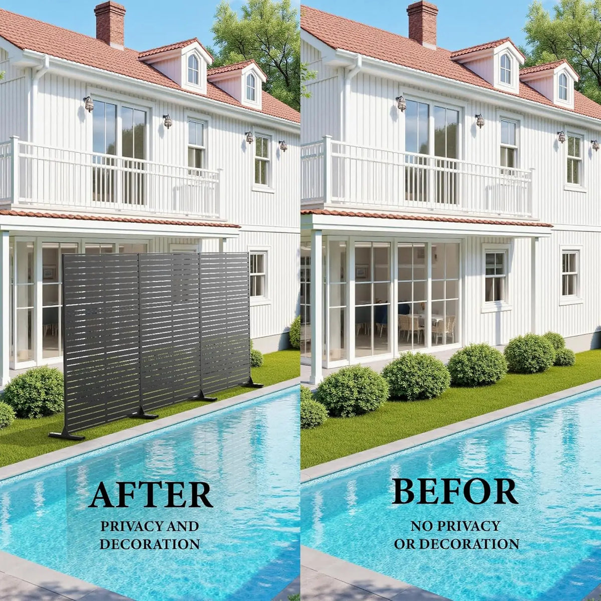 Decorative garden privacy screen with stand by S And B Enterprise, black metal slat panel 120x183cm.