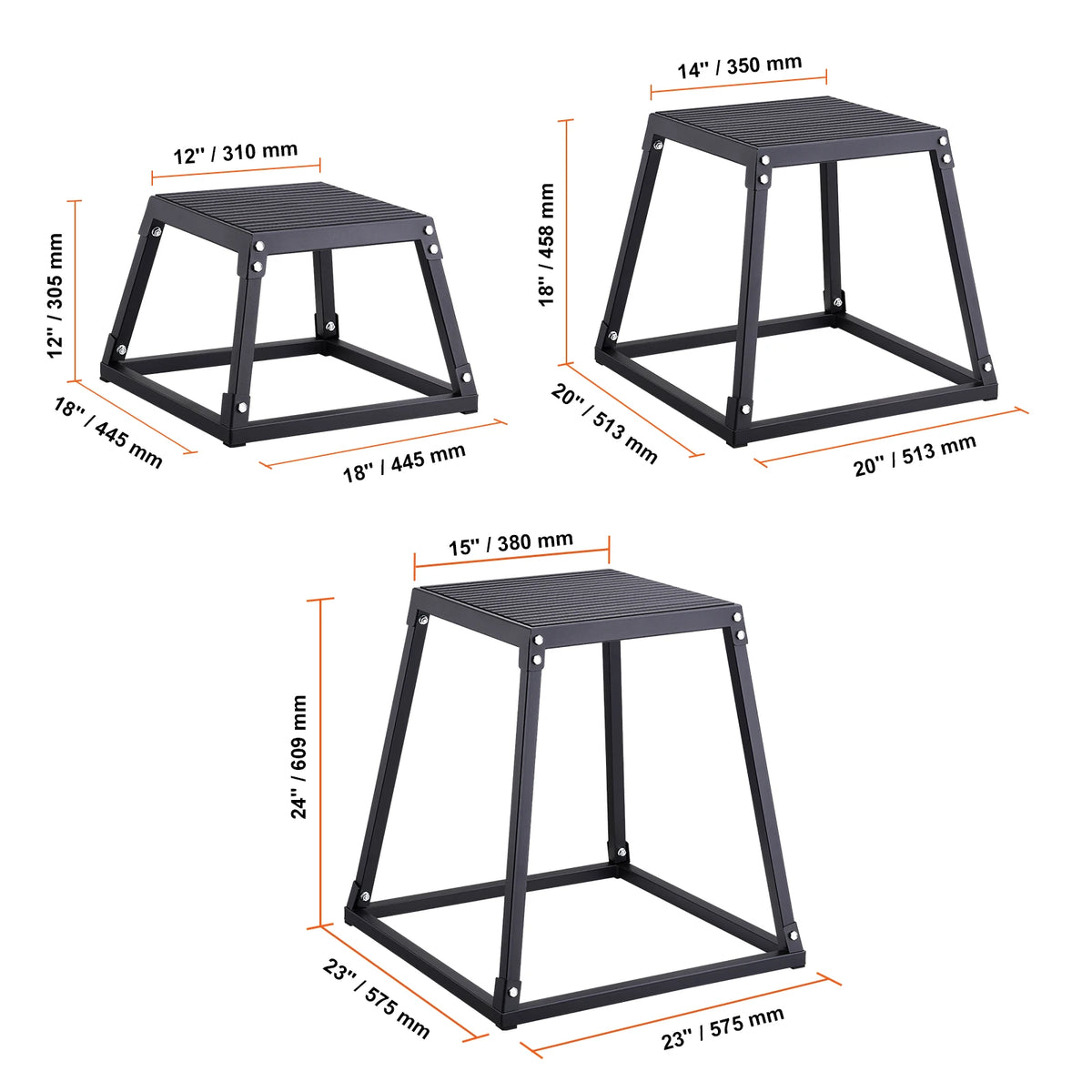 Plyometric jump box set in black metal with ridged anti-slip tops; includes 12, 18, and 24 in boxes by S And B Enterprise