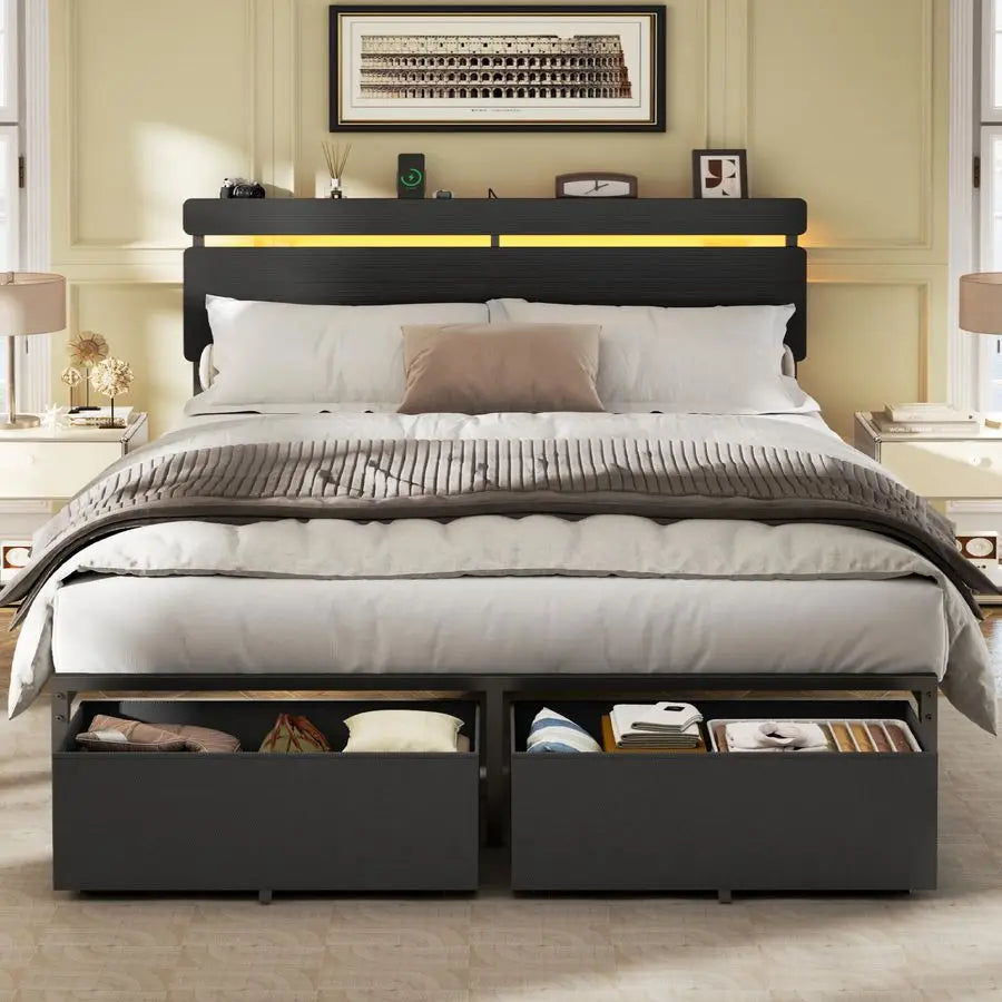 Vellivy Bed Frame With Wood Headboard And Storage Drawers