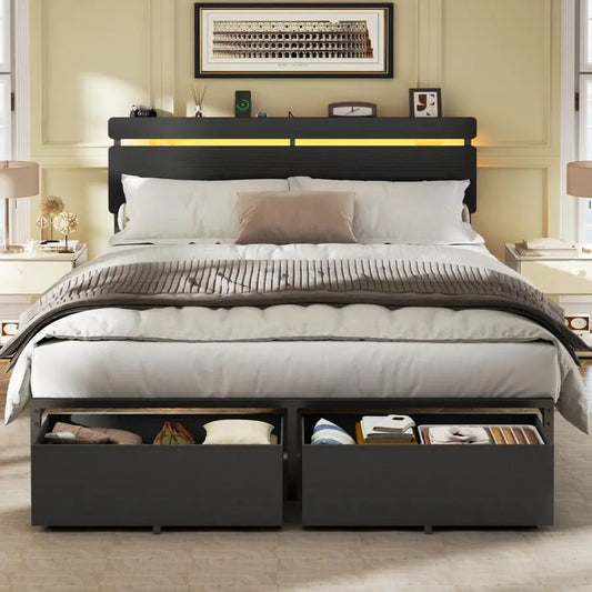 Vellivy Bed Frame With Wood Headboard And Storage Drawers