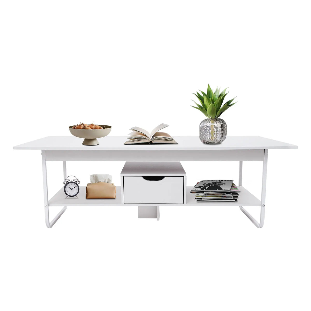 White modern coffee table 120x60cm with two-tier shelf and drawer