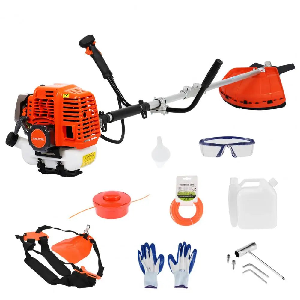 Gas-powered 2-in-1 weed wacker and hedge trimmer in orange with long shaft and included safety gear.