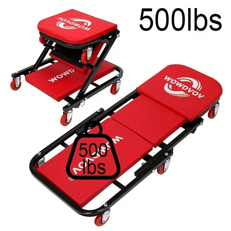 2-in-1 mechanic creeper seat with wheels, two-piece red padded rolling stool set by S And B Enterprise, 500lbs capacity