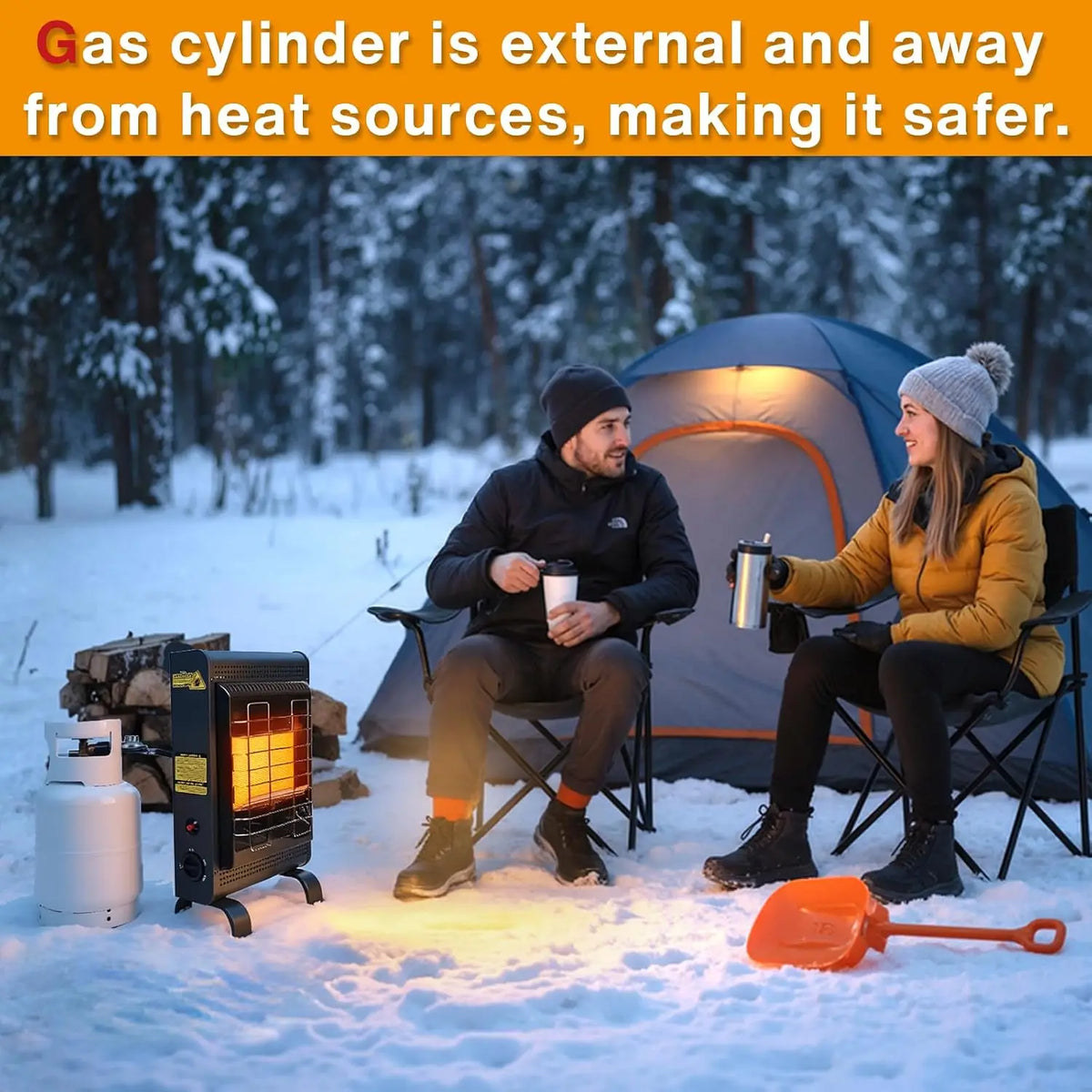 Propane patio heater by S And B Enterprise, 18000 BTU, outdoor black heater beside a propane tank at a snowy campsite.