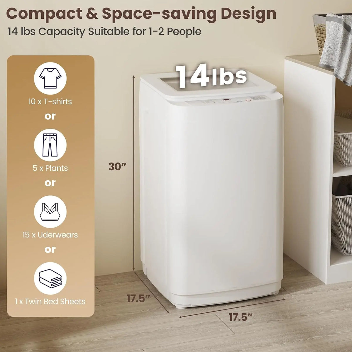 Portable white washer-dryer combo, 14 lbs capacity, compact space-saving design