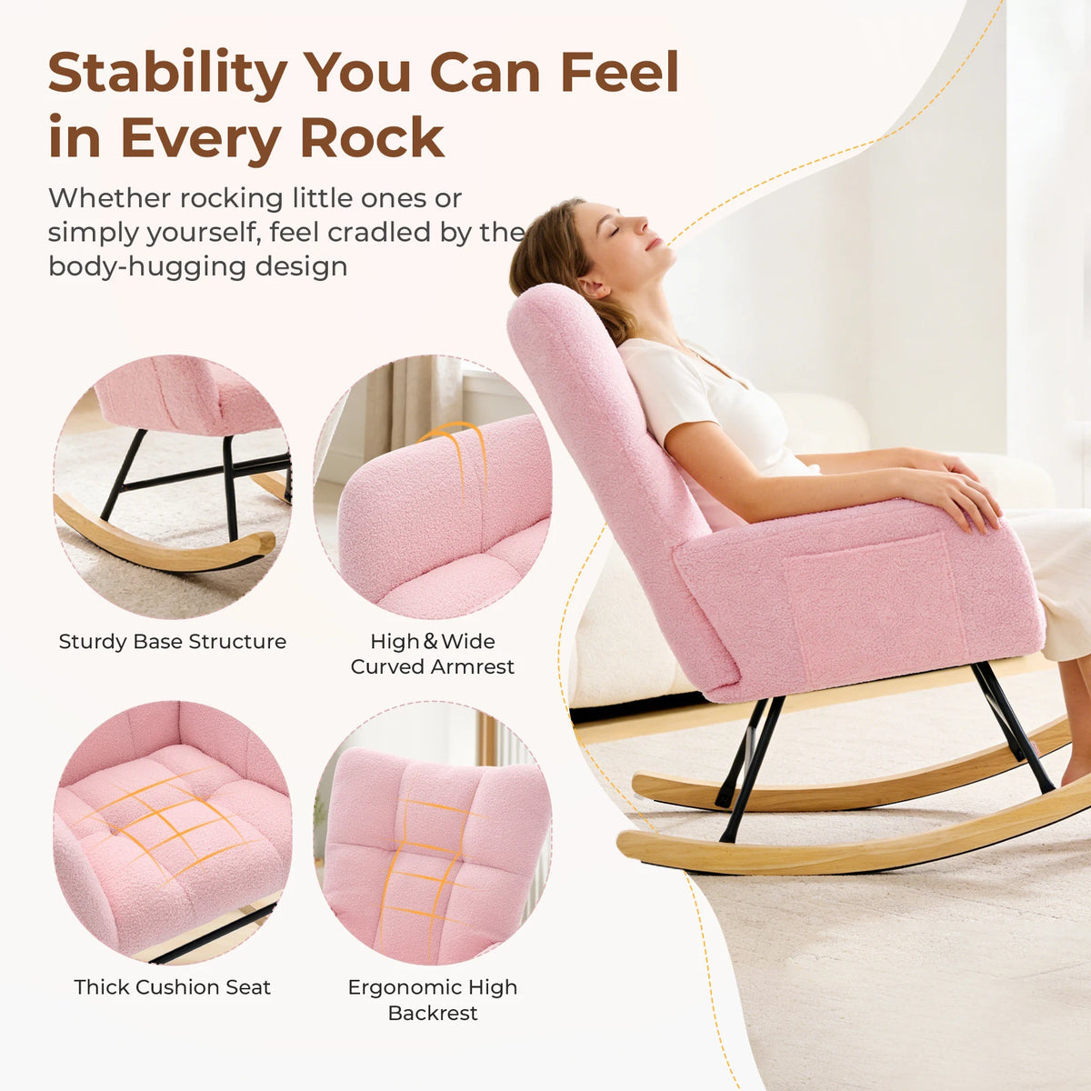 JHK Teddy upholstered pink saucer rocking chair with high backrest and padded seat, S And B Enterprise