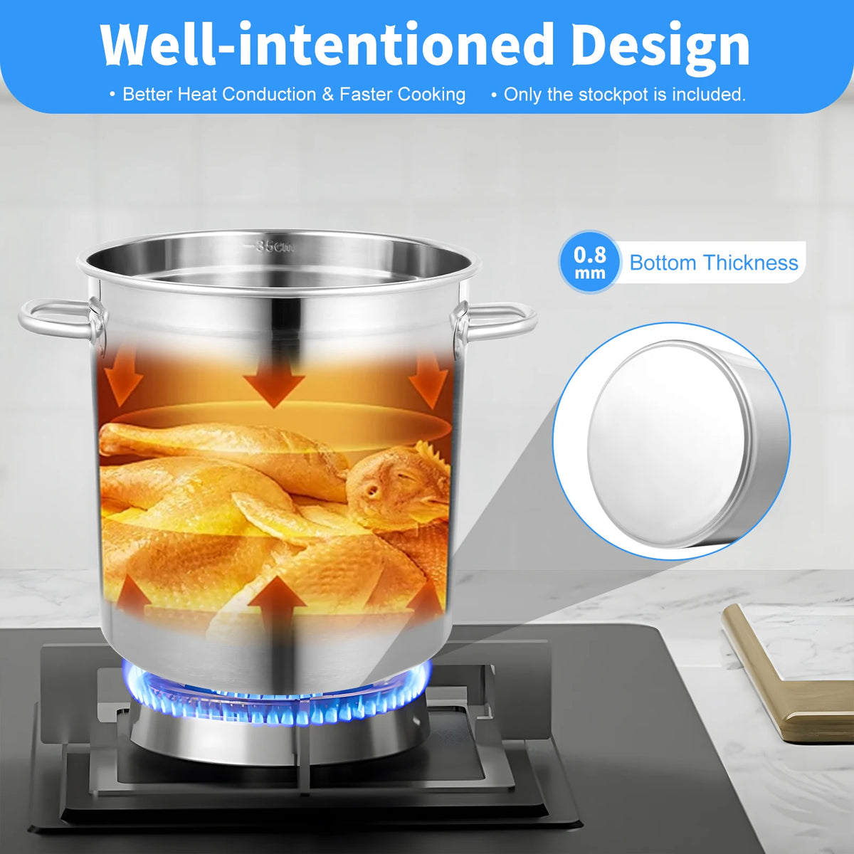 Stainless steel stock pot with lid and side handles on a gas stove, 35/50/70L capacity